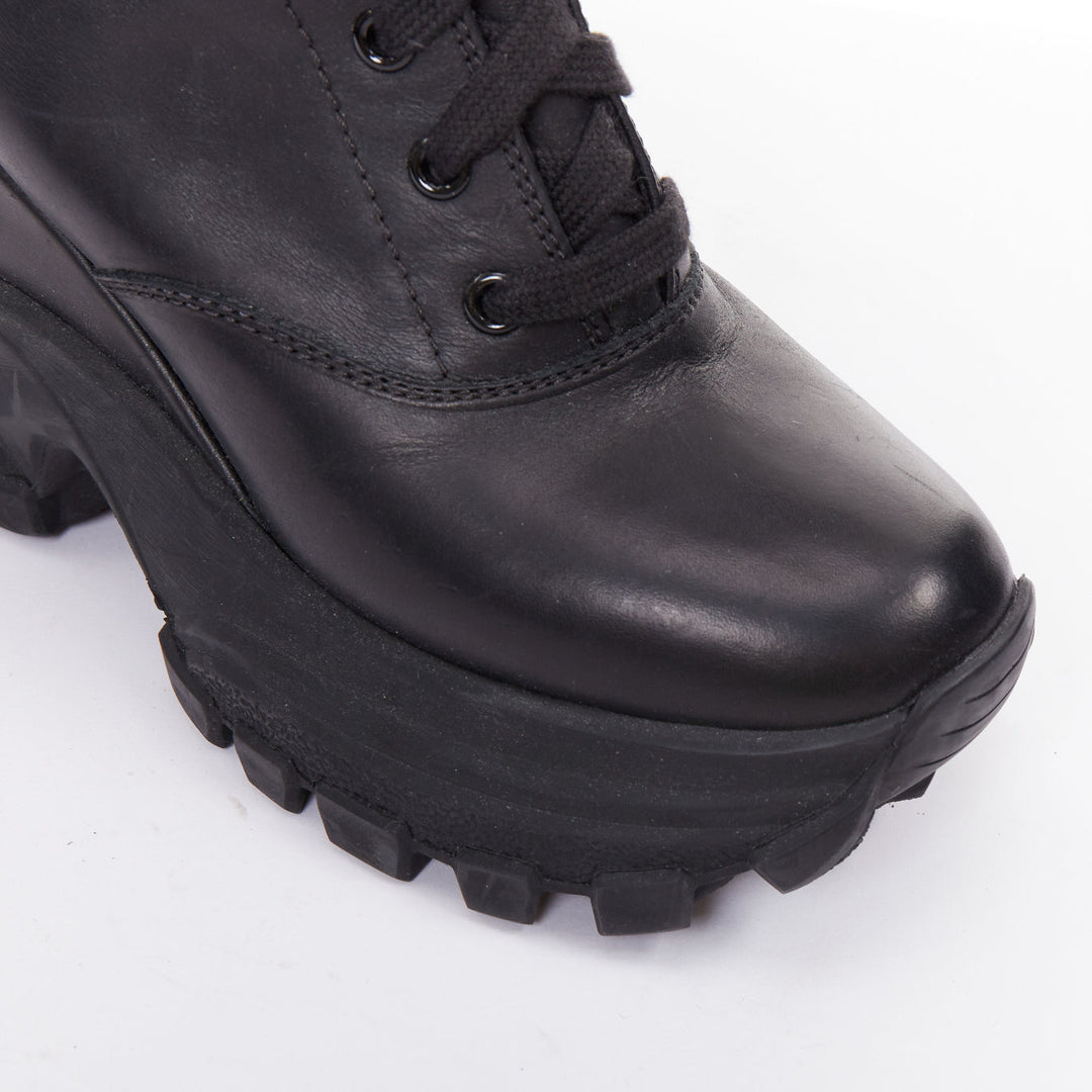 MIU MIU Runway black leather logo lace up chunky wedge tall boots EU39