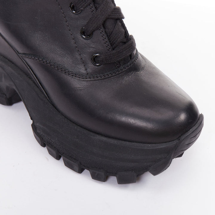 MIU MIU Runway black leather logo lace up chunky wedge tall boots EU39