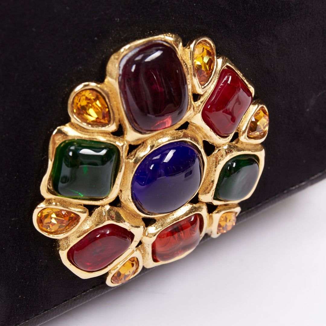 rare CHANEL 1990s Vintage black suede red Gripoix black gold chain crossbody bag