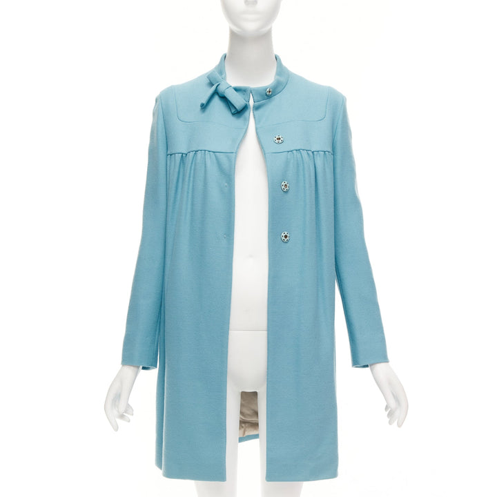 MIU MIU 2008 teal blue virgin wool cashmere bow collar gathered coat IT42 M