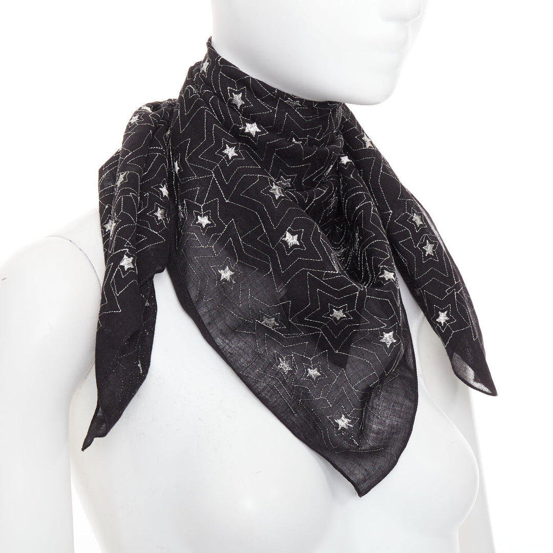 SAINT LAURENT black silver star embroidery lightweight square scarf