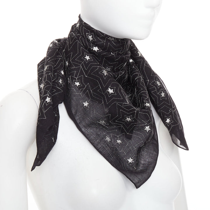 SAINT LAURENT black silver star embroidery lightweight square scarf