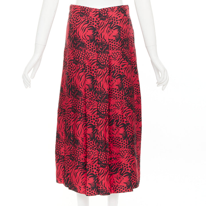 GUCCI 2018 Michele black red 100% silk tiger print pleated midi skirt IT38 XS