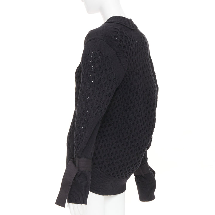SACAI 2018 black open waffle knit buckle sleeve cotton blend sweater JP1 S
