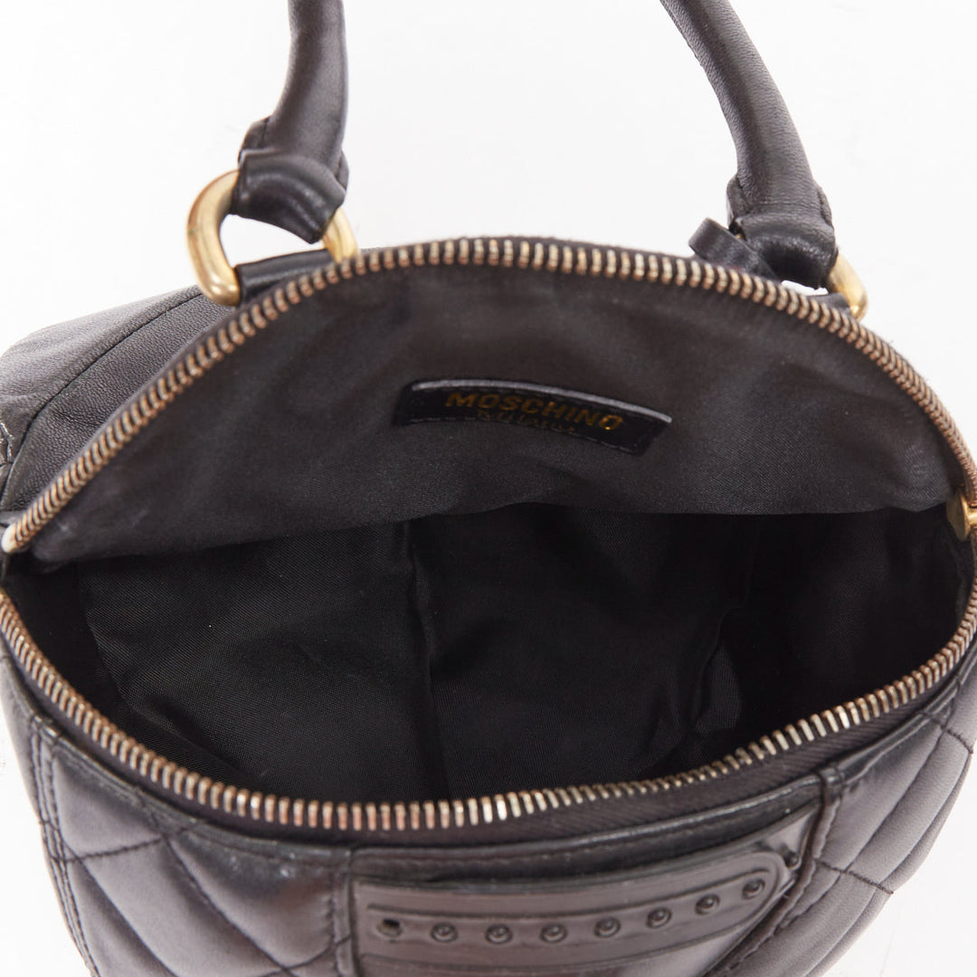 MOSCHINO Jeremy Scott black diamond quilted leather gold logo baseball cap bag