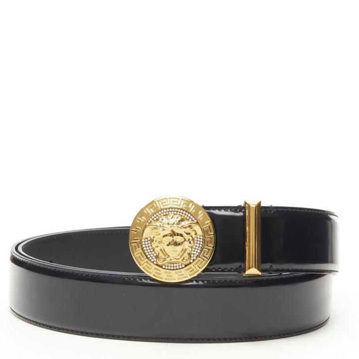 VERSACE Medusa Biggie crystal gold Medallion coin leather belt 80cm 30-34"