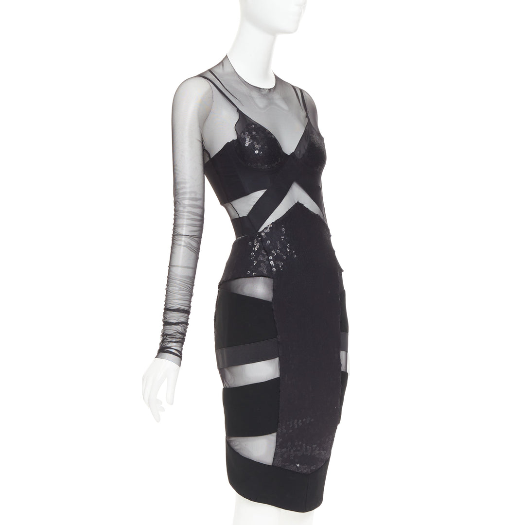 ALEXANDRE VAUTHIER COUTURE Runway black sheer panel sequin cut out boned dress
