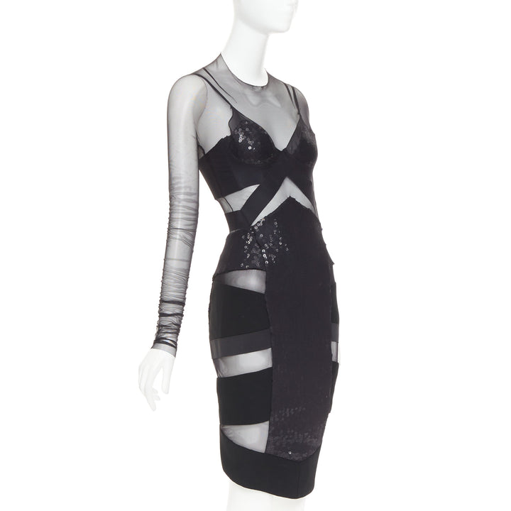 ALEXANDRE VAUTHIER COUTURE Runway black sheer panel sequin cut out boned dress