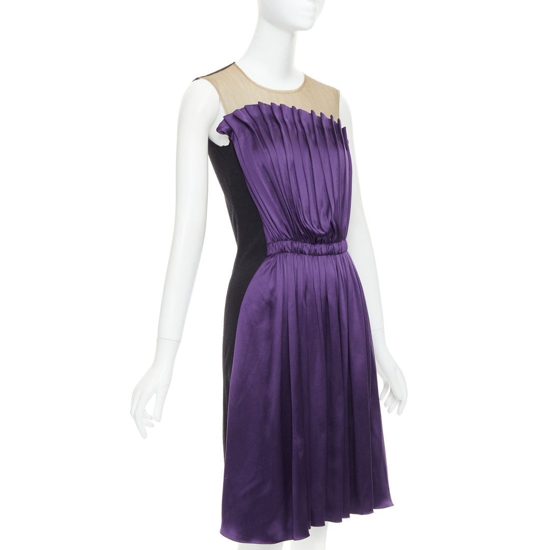 LANVIN 2006 Runway purple nude silk gathered panelled cocktail dress FR36 S
