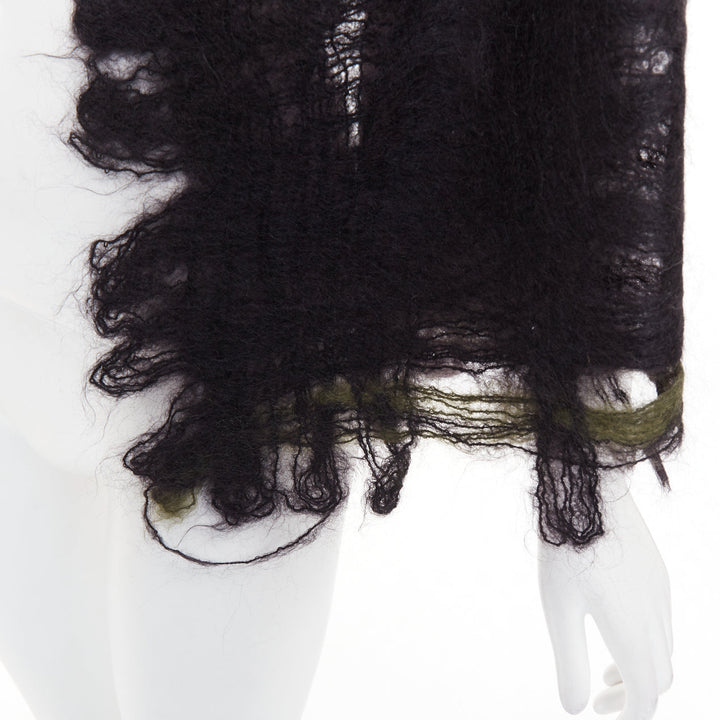 ROHKA black green distressed abstract weave cut out lattice knit wrap scarf