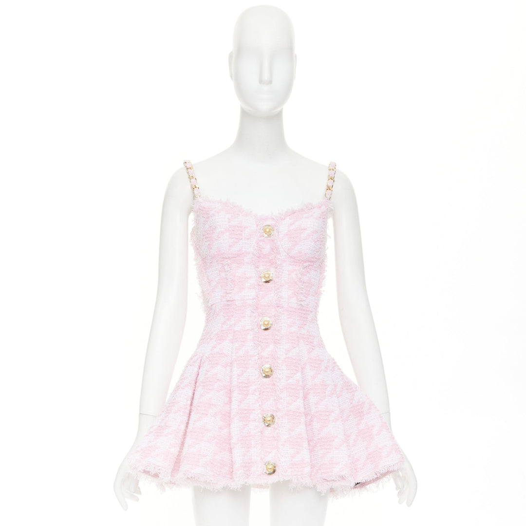 BALMAIN 2025 pink white houndstooth tweed flared min dress FR36 S Taylor Swift