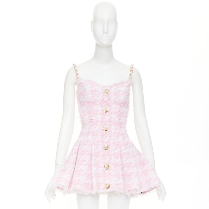 BALMAIN 2025 pink white houndstooth tweed flared min dress FR36 S Taylor Swift