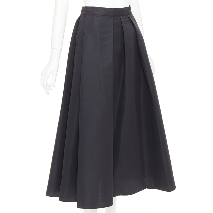 SACHIN AND BABI Leighton black satin crepe box pleat tea flared skirt US2 S