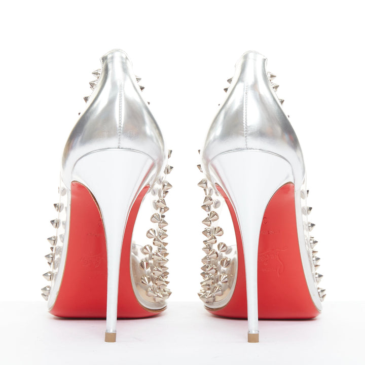 CHRISTIAN LOUBOUTIN Spike Me 100 Metal Gloss silver PVC spike stud pumps EU38
