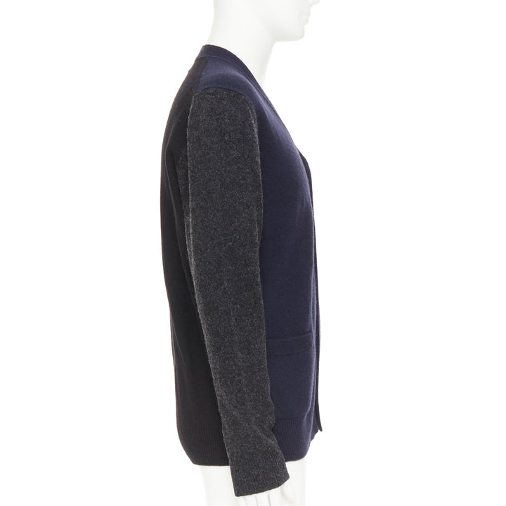 COMME DES GARCONS HOMME 2009 navy grey wool blend 2-tone cardigan sweater L