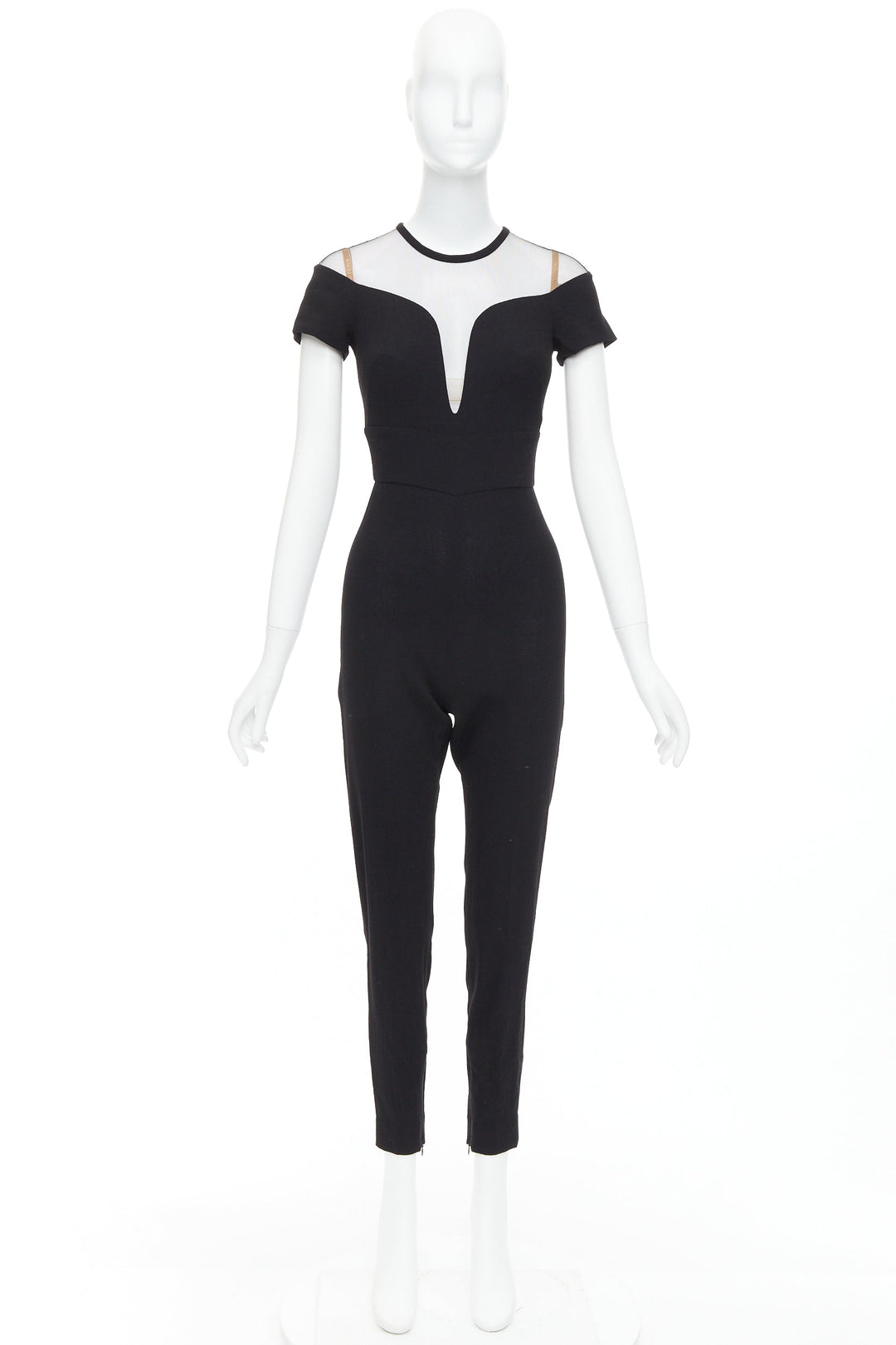 LA PERLA black crepe wool blend sheer plunge jumpsuit IT36D S