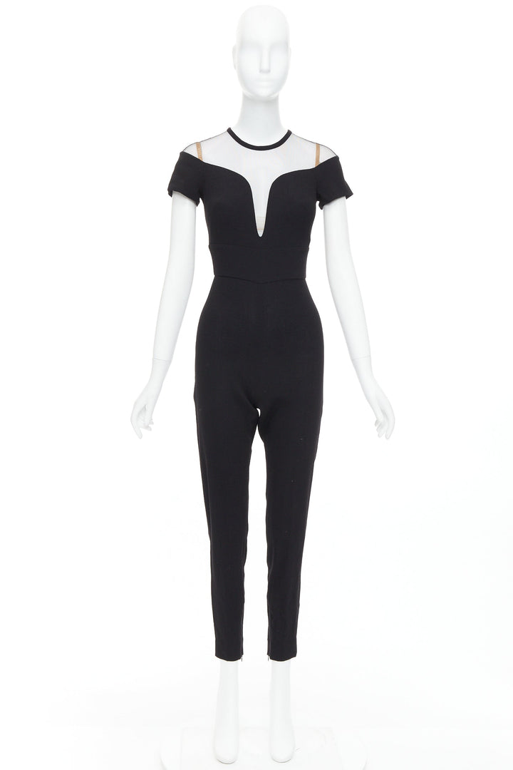 LA PERLA black crepe wool blend sheer plunge jumpsuit IT36D S