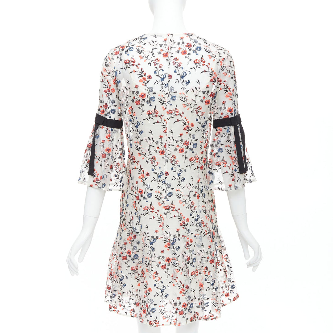 ERDEM Lissy 100% silk white red floral embroidered pleated dress UK8 S