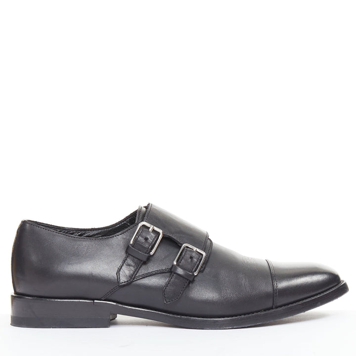 SAINT LAURENT black leather silver buckle double monk strap oxford shoes EU35.5