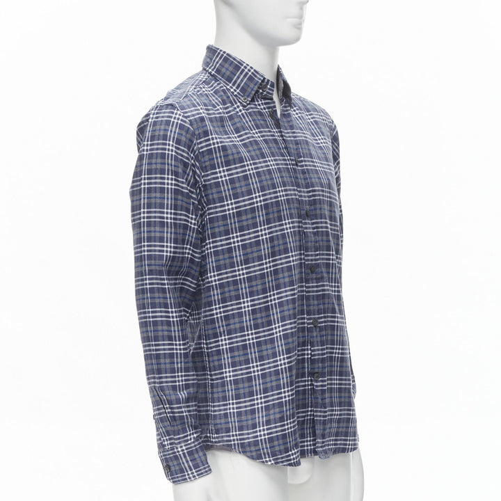 ERMENEGILDO ZEGNA SPORT cotton blue grey white check slim fit shirt M