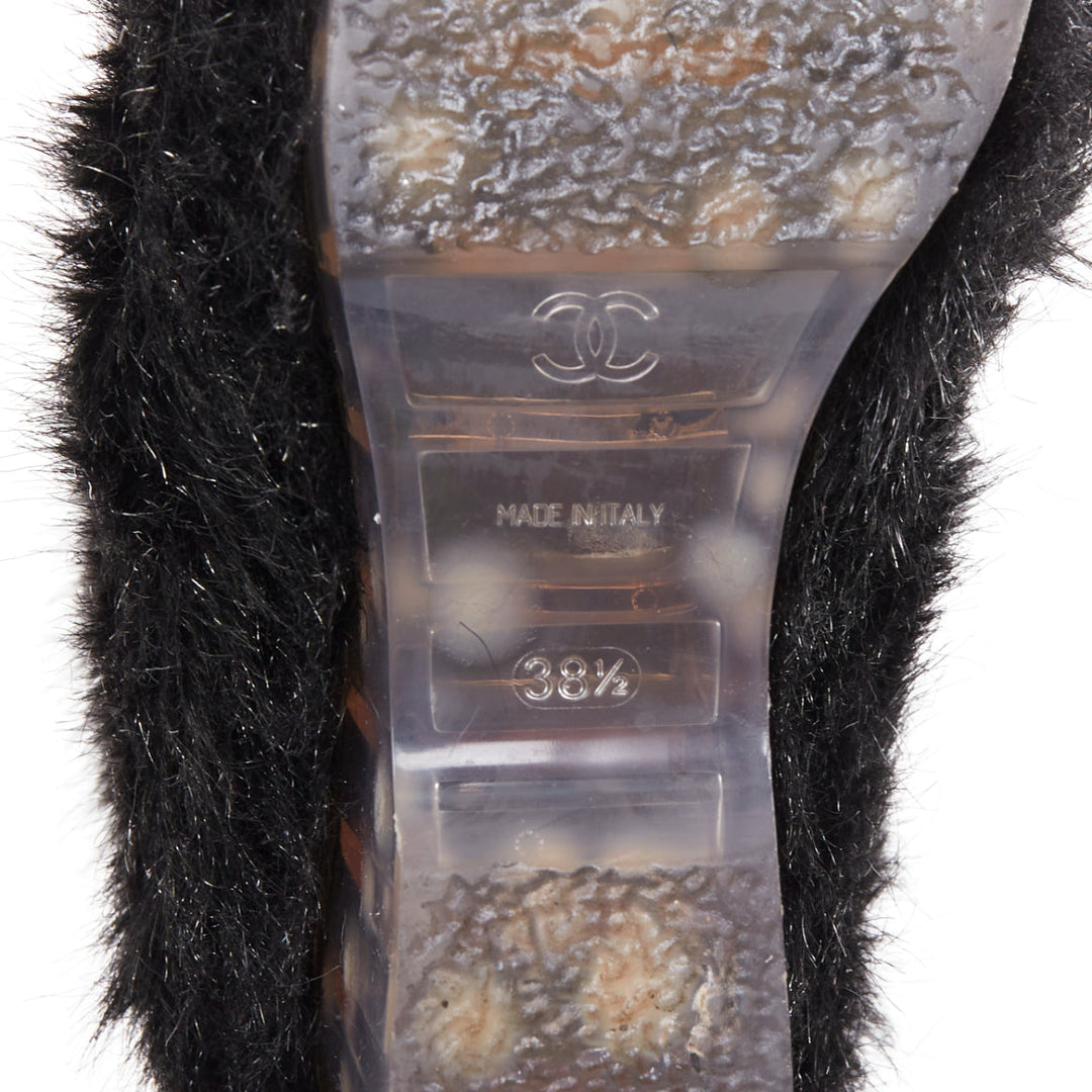 CHANEL 2010 Runway black Yeti faux fur silver CC clear iceberg heel boots EU38.5