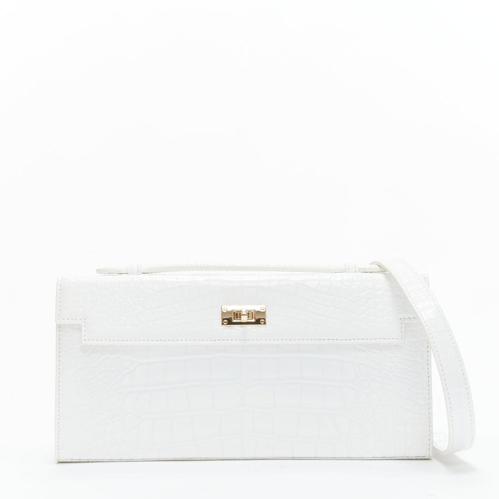 FERIDA YANG Bespoke white matte scaled leather gold buckle long flap clutch