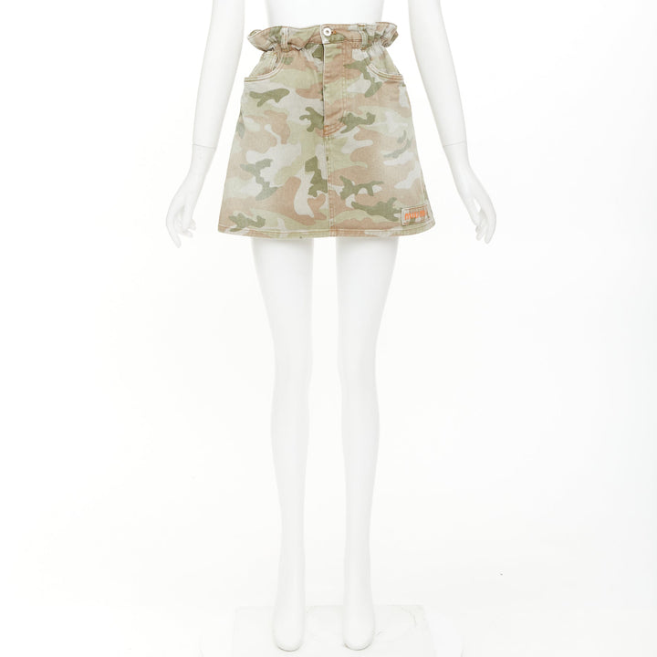 MIU MIU 2019 khaki green washed camo orange logo paperbag waist skirt IT38 XS