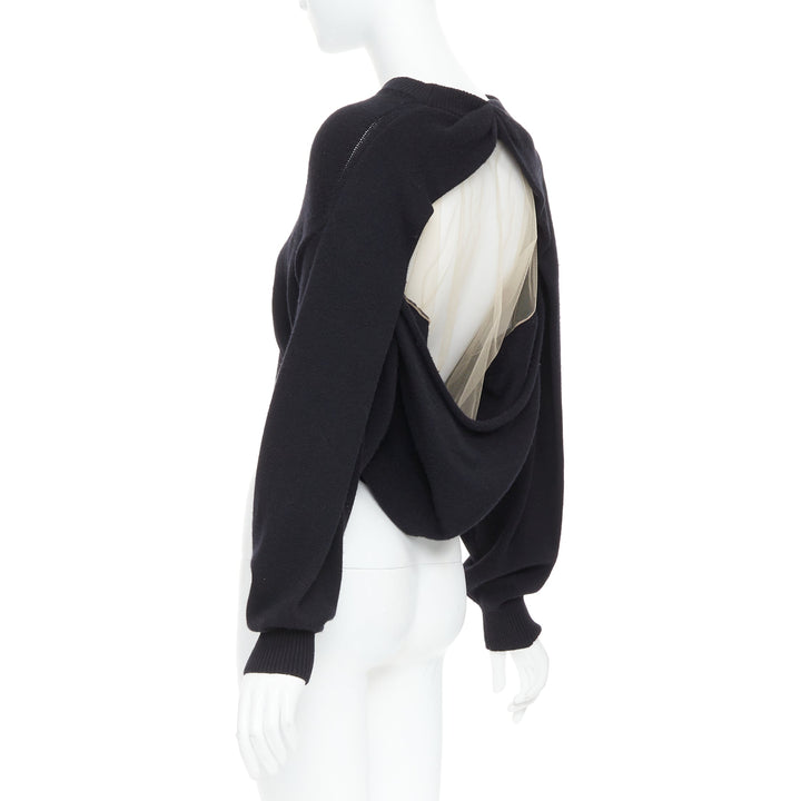 ALEXANDER WANG black wool blend nude sheer back crop sweater S