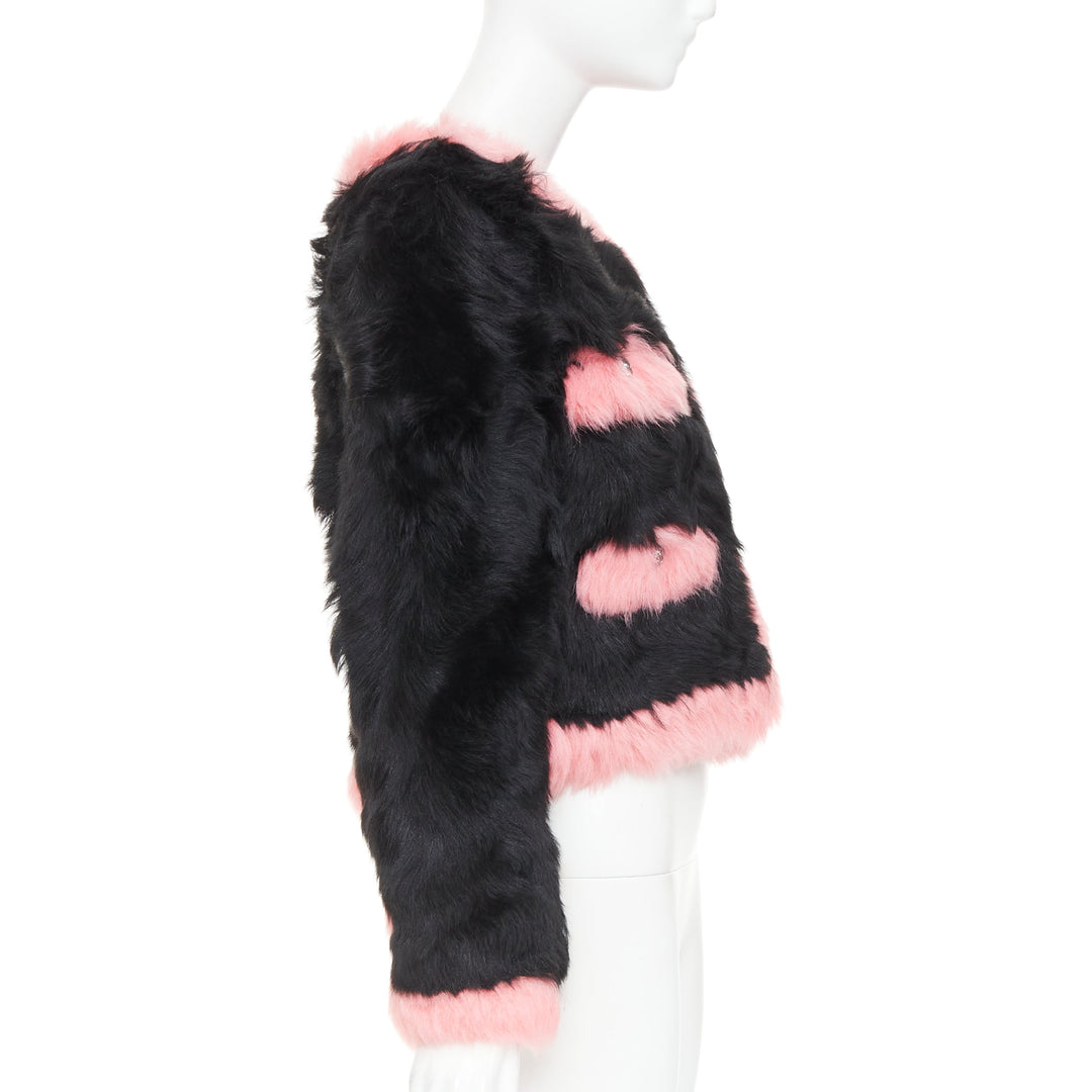 rare CHANEL 21K black pink shearling fur CC crystal button 4 pocket jacket FR36