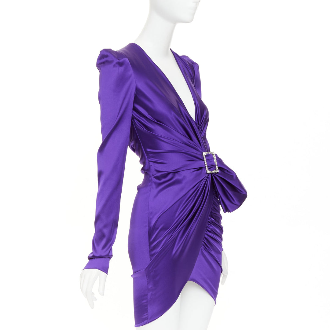 ALEXANDRE VAUTHIER crystal buckle draped purple silk satin mini dress FR34 XS
