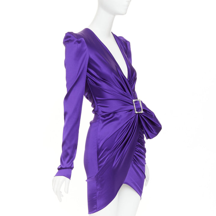 ALEXANDRE VAUTHIER crystal buckle draped purple silk satin mini dress FR34 XS