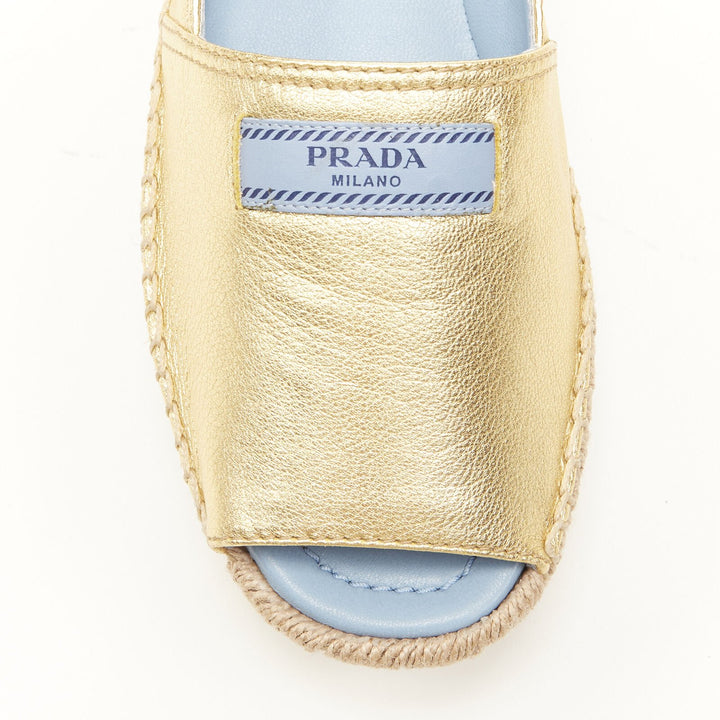 PRADA metallic gold leather logo peep jute platform espadrille shoe EU38.5