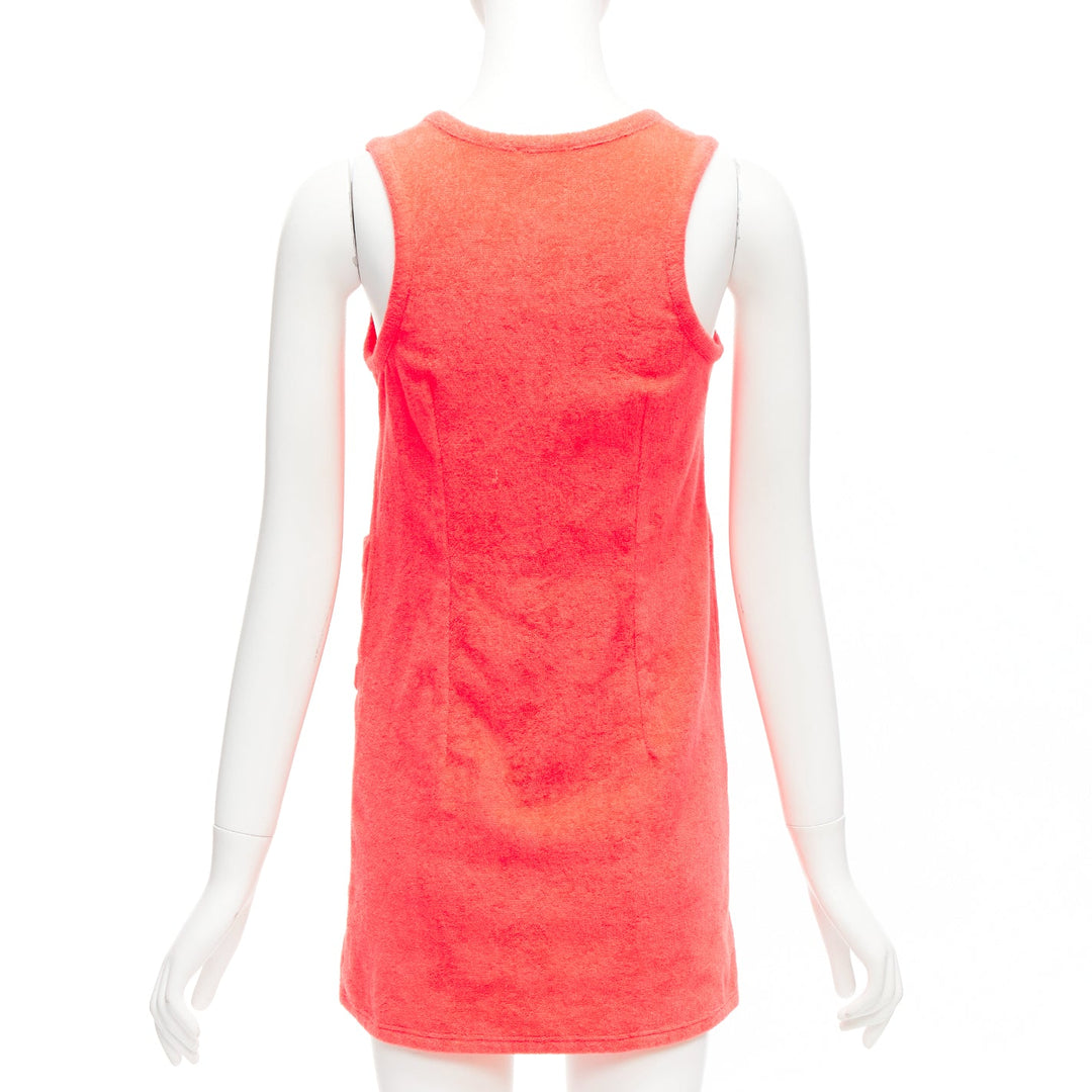 CHANEL coral pink towel terry cloth gold CC logo button mini dress FR34 XS