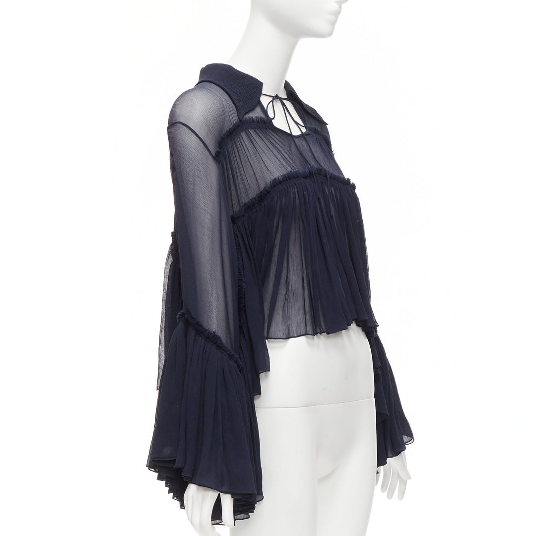 CHLOE 2015 Runway navy silk chiffon voluminous ruffle tie neck boho blouse