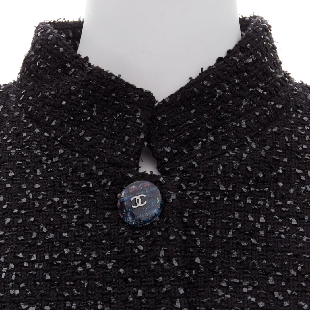 CHANEL 2019 Fantasy Tweed black lurex CC logo button power jacket FR46 XXL