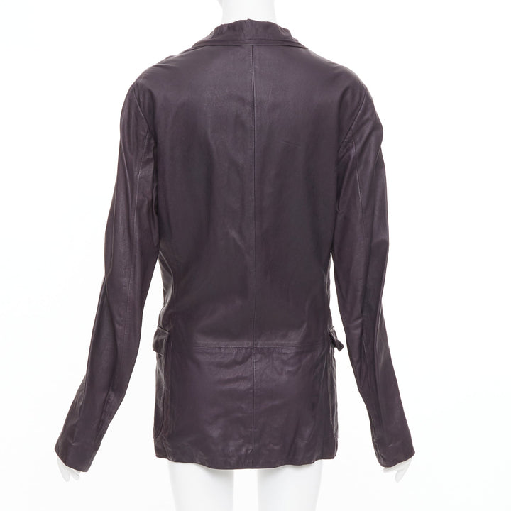 BOTTEGA VENETA aubergine dark purple washed leather flap pockets jacket IT48 M