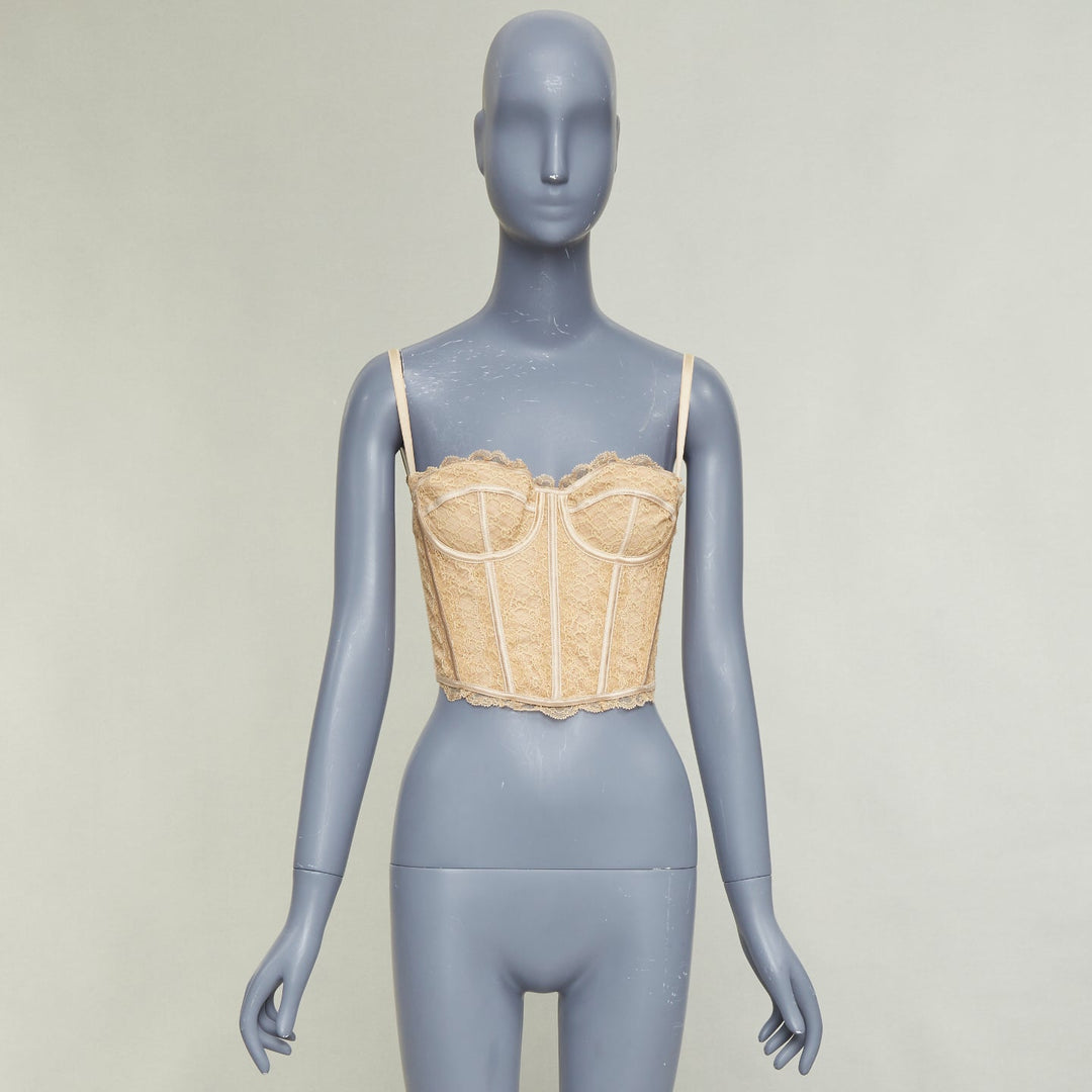 GUCCI 2022 Runway Aria nude beige GG monogram net lace corset bustier top S
