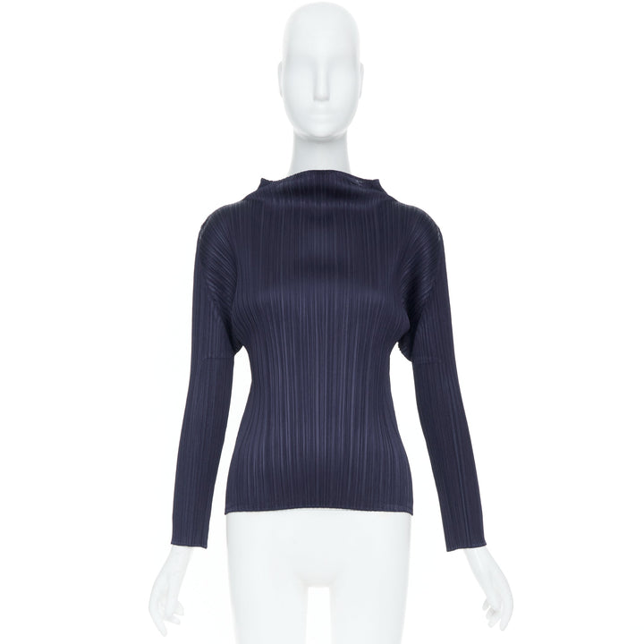 ISSEY MIYAKE Pleats Please navy blue plisse angular mock neck top JP3 L