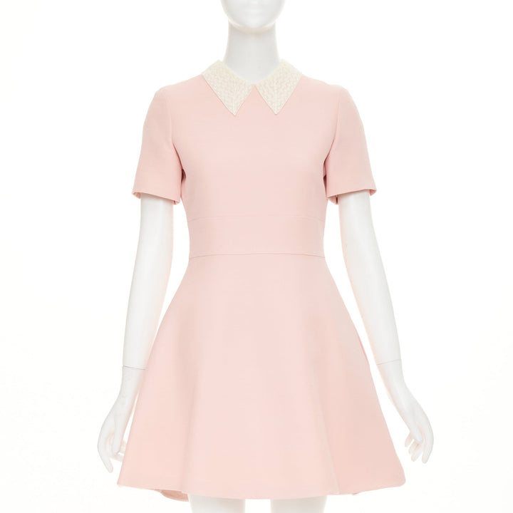 CHRISTIAN DIOR cream lace collar blush pink wool silk fit flare dress FR38 M