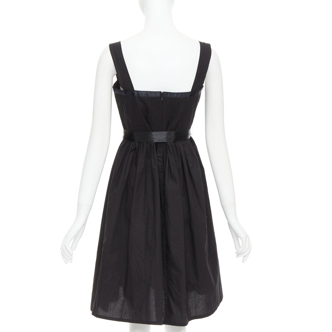 BURBERRY LONDON black cotton pleated waist ribbon tie babydoll dress UK8 S
