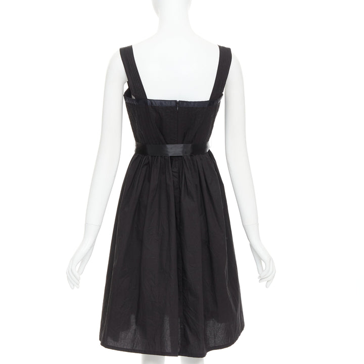 BURBERRY LONDON black cotton pleated waist ribbon tie babydoll dress UK8 S