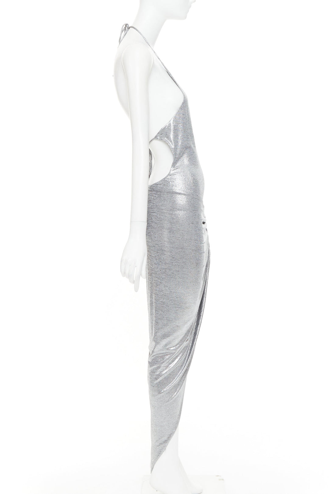 ALEXANDRE VAUTHIER platinum metallic coated jersey halter backless dress FR38 M