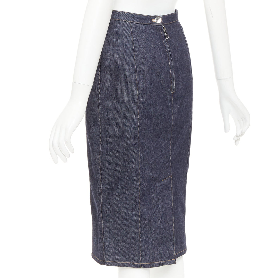 CHRISTIAN DIOR indigo blue denim glass metal bead embellished midi skirt FR36 S