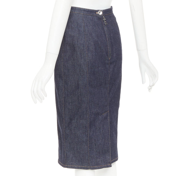 CHRISTIAN DIOR indigo blue denim glass metal bead embellished midi skirt FR36 S