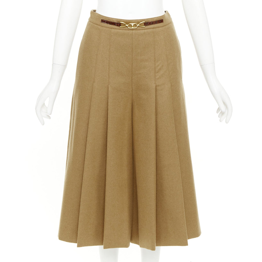 CELINE camel brown wool gabardine horsebit belt box pleated skort FR36 S