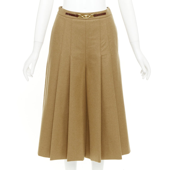 CELINE camel brown wool gabardine horsebit belt box pleated skort FR36 S
