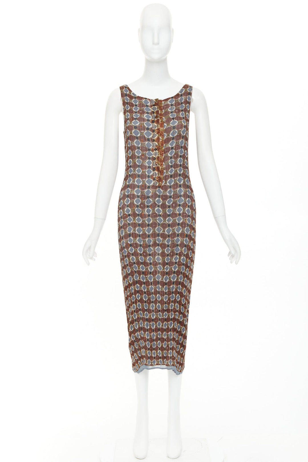 ISSEY MIYAKE Vintage Ajrakh brown blue tile print metallic ruffle pleat dress S