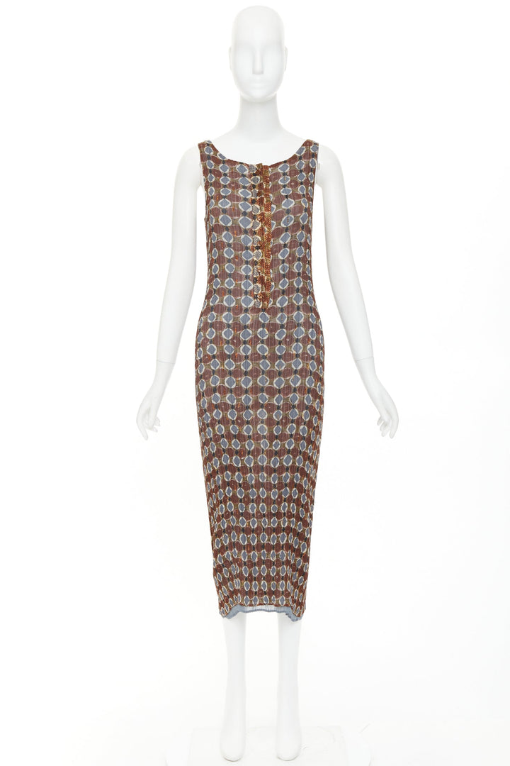 ISSEY MIYAKE Vintage Ajrakh brown blue tile print metallic ruffle pleat dress S