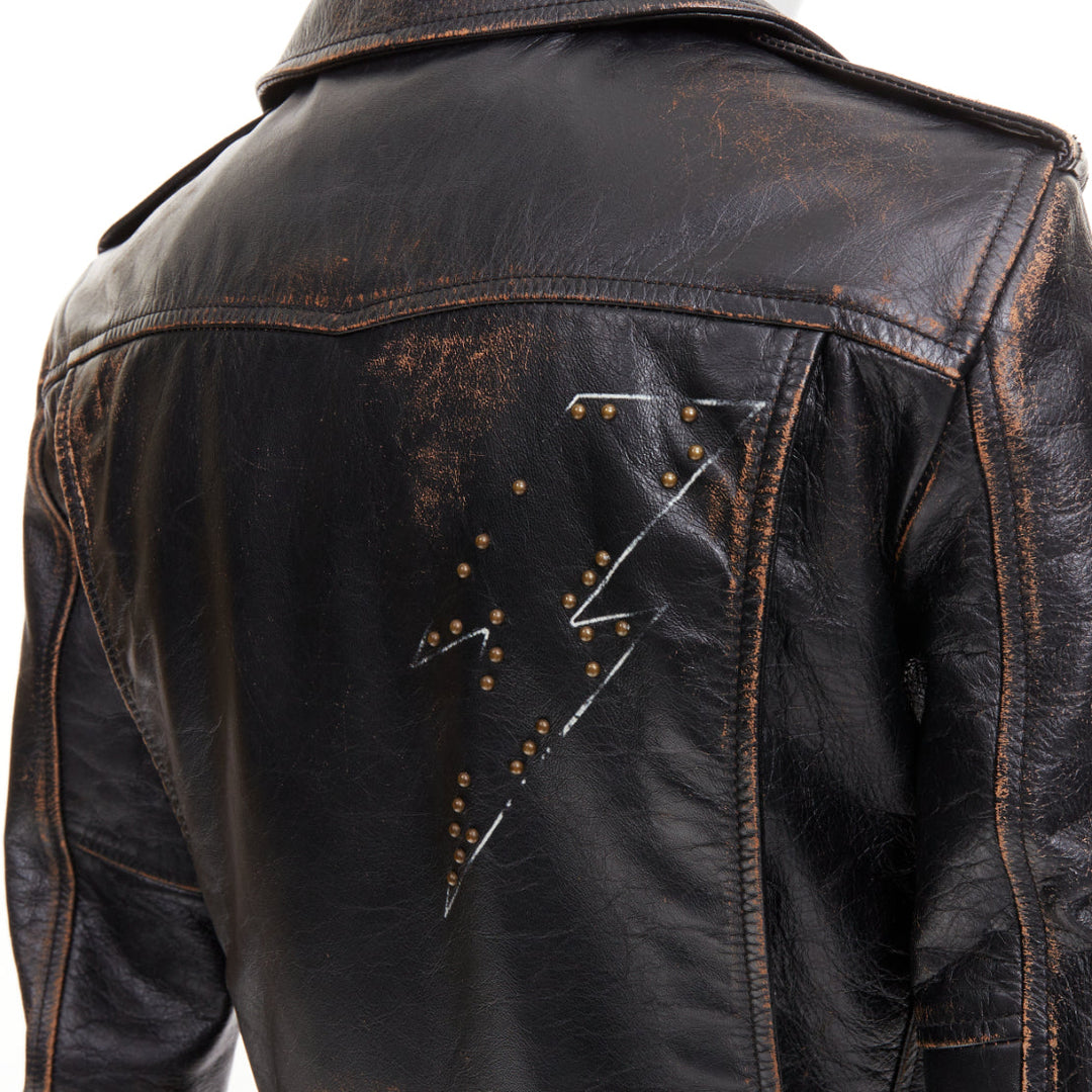 SAINT LAURENT 2017 Thunder Studded brown distressed calfskin moto jacket FR38 M