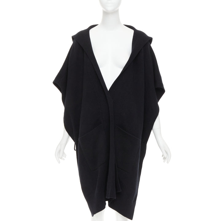 HERMES 100% cashmere black hooded rectangular poncho cardigan coat TU